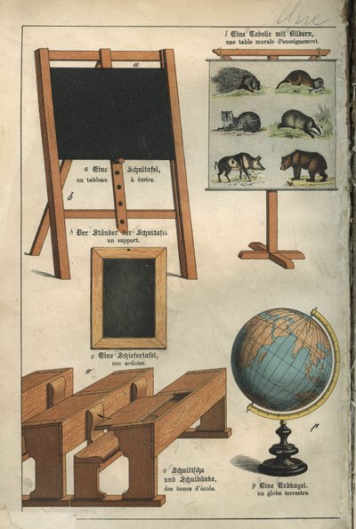 Onderwijs: het schilderij, de wandtafel, de banken, de lei, de wereldbol van de school. Plaat uit een woordenboek voor kinderen Frans-Duits door Unbekannt