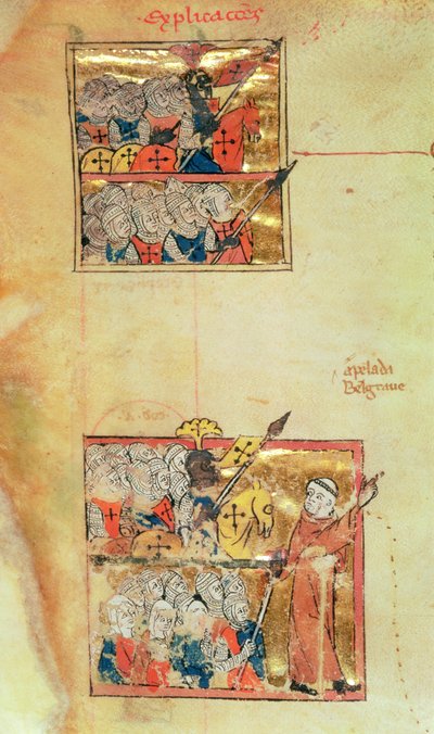 Twee miniaturen die kruisvaarders tonen geleid door Peter de Kluizenaar, c.1095, Histoire Universelle, c.1286 door Unbekannter Künstler