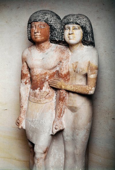 Egyptische oudheid: gebeeldhouwde kalksteengroep van Raherka en Meresankh, hoofd van de schrijvers en zijn vrouw - 5e dynastie, Oude Rijk door Unbekannt