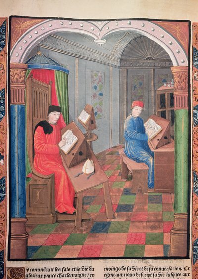 Einhard en Aartsbisschop Turpin schrijven de geschiedenis van Karel de Grote, uit de 