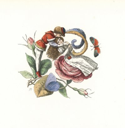 Elf flirt met een fee op een rozenbloem. Handgekleurde houtsnede door Edmund Evans naar een illustratie door Richard Doyle uit In Fairyland, een serie afbeeldingen uit de Elf Wereld, Longman, Londen door Unbekannter Künstler