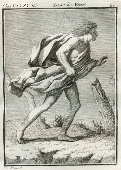 Etude di un uomo che cammina contro il vento, con le vesti e i capelli scompigliati dalle folate e il corpo sbilanciato in avanti. Gravure uit 