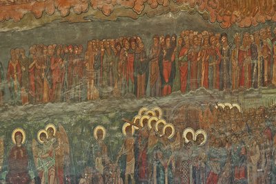 Europa, ROEMENIË, Boekarest, Patriarchale Orthodoxe Kathedraal (1656), muurfresco naast de ingang door Unbekannt
