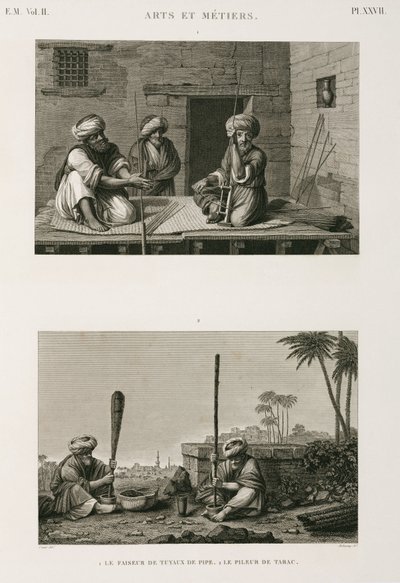 Fabricage, Overige, Pijpsteelmakers en tabakstampers, Egypte, ca. 1798 door Unbekannt