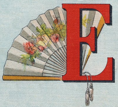 Waaier. Gravure in "Alphabet de ma petite fille". Bernardin-Bechet en Fils, boekhandel-uitgevers, Parijs, rond 1895. Onbreekbaar album op canvas. Bibliotheek des Bebes. 12 pagina