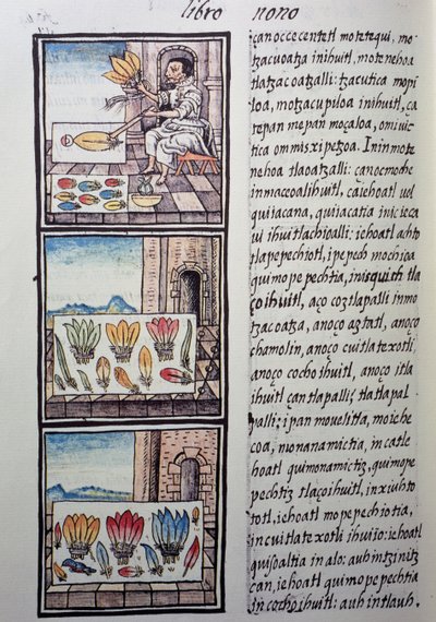 Verenverwerking na de Spaanse verovering, pagina uit de Florentijnse Codex, tweetalige versie in Spaans en Nahuatl, Algemene Geschiedenis van de Dingen van Nieuw-Spanje, door de Spaanse missionaris Fray Bernardino de Sahagun. Azteekse beschaving door William M. Timlin