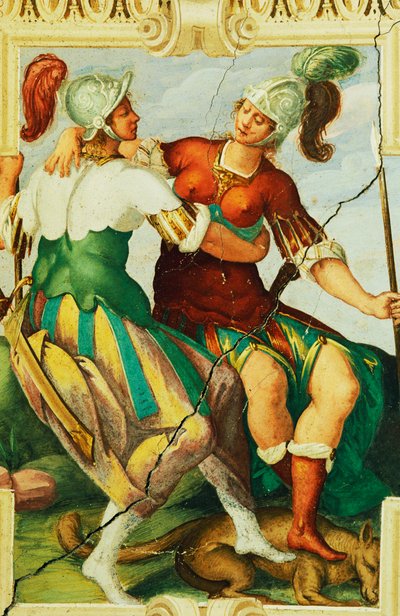 Vrouwelijke figuren met helmen, detail uit fresco in Kasteel Manta, Saluzzo, Piëmont, Italië door Benjamin Baud