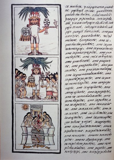 Festival van Toxcatl en zijn slachtoffer, Boek II van Florentijnse Codex, tweetalige versie in Spaans en Nahuatl, Algemene Geschiedenis van de Dingen van Nieuw-Spanje (Historia general de las cosas de Nueva Espana), Azteekse beschaving door Benjamin Baud
