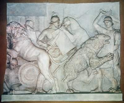 Gevecht tussen beesten en gladiatoren, Bas-reliëf, Villa Torlonia, Rome door Unbekannter Künstler