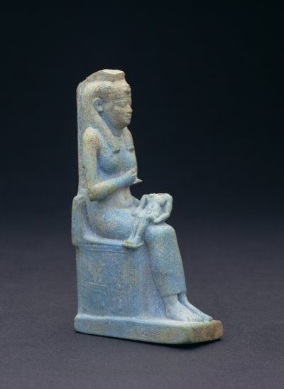 Beeld van Isis, zittend op een troon, met het kind Horus op haar schoot, Egyptisch, 26e Dynastie, 664-525 v.Chr. (glazuurblauwe faience) door Unbekannt