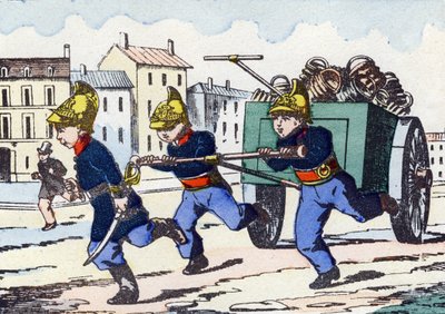 Brandweerlieden. Gravure in "Alphabet militaire enfantin". Imagery van Pont-a-Mousson, circa 1890. door Unbekannt