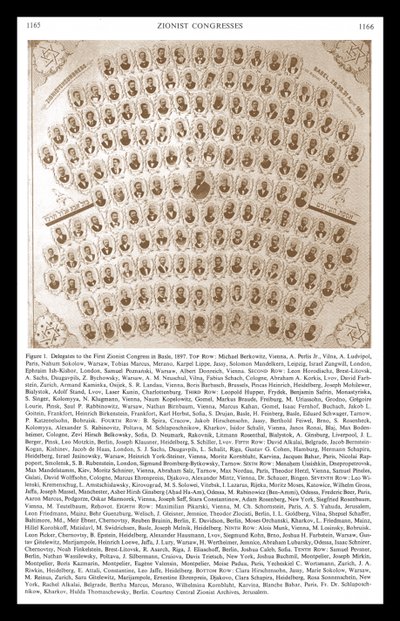 Eerste Zionistische Congres in Bazel 1897. Theodore Herzl verschijnt in het midden van de montage van afgevaardigden en leiders door Unbekannter Künstler