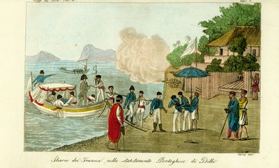 Eerste aankomst bij de Portugese nederzetting in Dille, Timor, nu Dili, Oost-Timor door Unbekannt