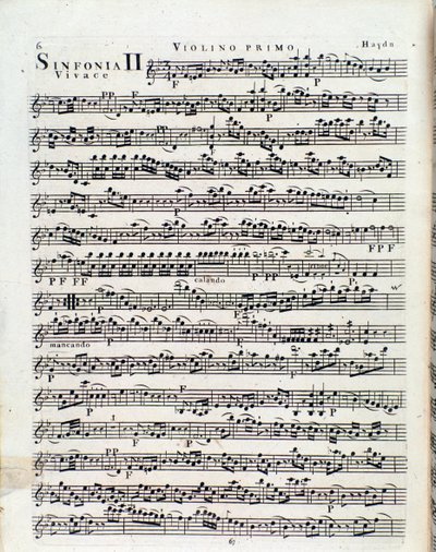 Eerste pagina van muzikale partituur voor viool in Symfonie nr. 2 door J Haydn door Unbekannter Künstler
