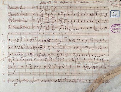 Eerste pagina van de partituur voor vier cello