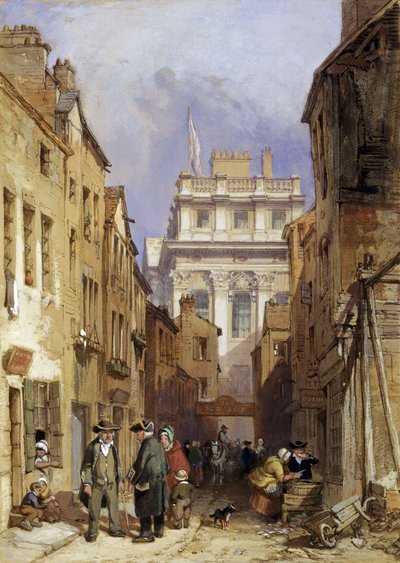 Visserssteeg: animatie van de inwoners, ten noordwesten van het King Charles Court van Greenwich Hospital (de huidige locatie van Greenwich Pier), Londen, voor de sloop van de wijk in 1840 door Unbekannter Künstler