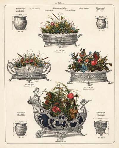 Bloemenstandaards, bloemenschaaltjes, vazen en jardinières. Lithografie uit een catalogus van metalen producten vervaardigd door Wuerttemberg Metalware Factory, Geislingen, Duitsland door Unbekannter Künstler