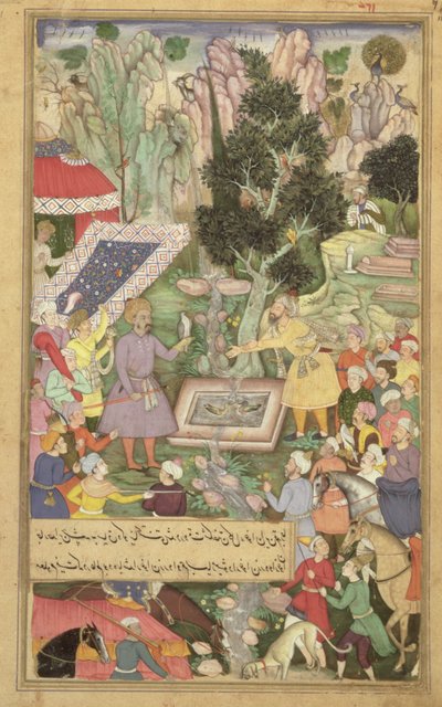Folio 126 Babur bij de bron van Khawaja Sih Yaran, uit de 