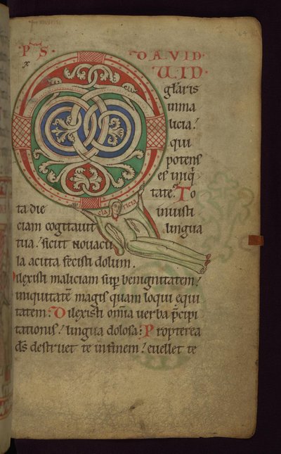 Folio 64 uit het Claricia Psalter: Claricia zwaaiend aan initiaal Q, late 12e - vroege 13e eeuw door Unbekannt