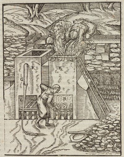 Oven voor het verwarmen van gouderts - Gravure uit Description des minerais et des principales methodes d