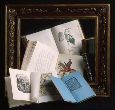 Lijst in gelakt hout bordeaux kleur en decoraties met reliëfmotieven van goud, eind 19e eeuw. Diverse open boeken: anatomische atlas met handgekleurde platen. door Unbekannt