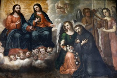 Fray Pedro Gocial museum in het klooster van San Francisco, Quito, Ecuador. Schilderij dat Jezus en Maria toont die aan San Francisco verschijnen (fotografie) door Unbekannter Künstler