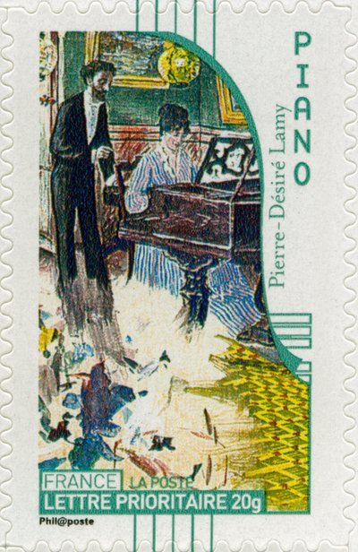 Franse postzegel met een vrouwelijke pianist, naar een schilderij van de Franse kunstenaar Pierre-Désiré Lamy door Unbekannt