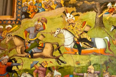 Fresco; Shah Ismail op een wit paard in de slag bij Taher Abad; 1510; tegen de Oezbeken in Merv; Chehel Sotoun; Veertig Zuilen Paleis; Isfahan; Iran; Azië door Unbekannt