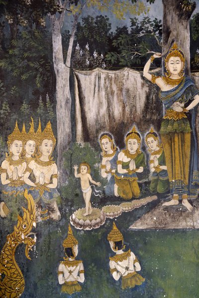 Fresco met een scène uit het leven van de Boeddha in Wat Phra Doi Suthep, Chiang Mai, Thailand. Boeddha als kind. door Unbekannt