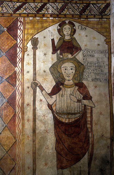 Fresco van de Ferrande Toren in Pernes-les-Fontaines (Pernes les Fontaines, Vaucluse (84) uit de 13e eeuw: Sint-Christoffel draagt Christus. door Unbekannt