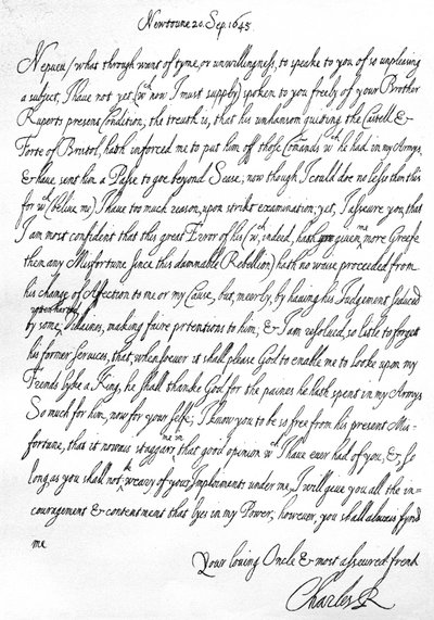 Vriendelijke brief van Karel I aan zijn neef, Prins Maurits, geschreven in Newtown, Powys, Wales, 20 september door Unbekannt