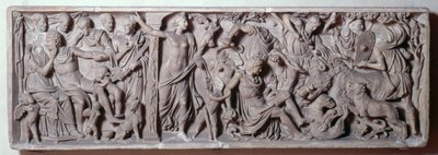 Voorzijde van een sarcofaag die de dood van Adonis afbeeldt, Romeins, 2e eeuw (marmer) door Unbekannt