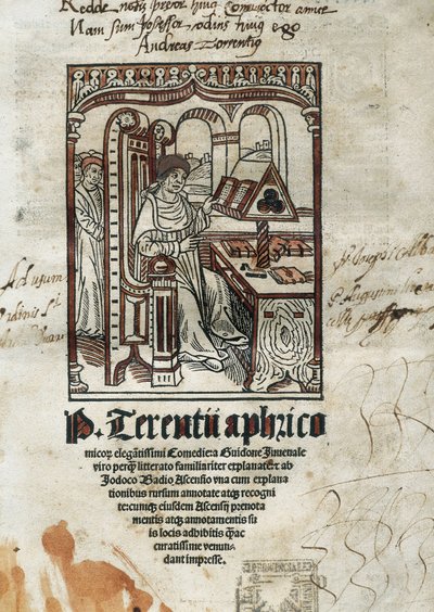 Frontispice van komedies van de komische dichter Terence (Publius Terentius Aferer) (190-145 v.Chr.). De auteur is afgebeeld. door Unbekannt