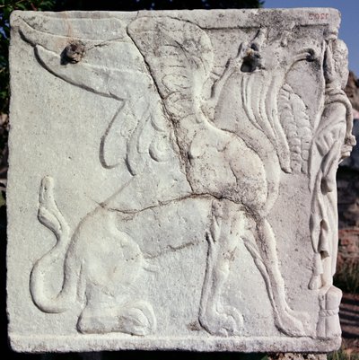 Begrafenisurn met gebeeldhouwd reliëf van een griffioen (steen) door Unbekannt