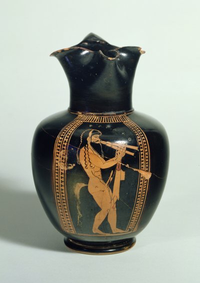 GR.126-1864 Oinochoe, versierd met Satyr die dubbele fluiten speelt, Attisch roodfiguur, Athene, Grieks, 520 voor Christus door Unbekannt