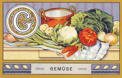 G: Groente - Alphabet Palmin. Serie chromolithografieën uitgegeven door H. Schlinck & Cie, Hamburg. Reclame voor Palmin fijnste kokosvet. Afmetingen: 7 x 11 cm door William M. Timlin