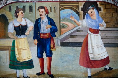 Galant tafereel met verklede personages, schilderij op houten paneel, Siciliaans handwerk, Sicilië (detail) door William M. Timlin