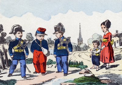 Gendarmes. Gravure in "Alphabet militaire enfantin". Imagery van Pont-a-Mousson, circa 1890. door Unbekannt