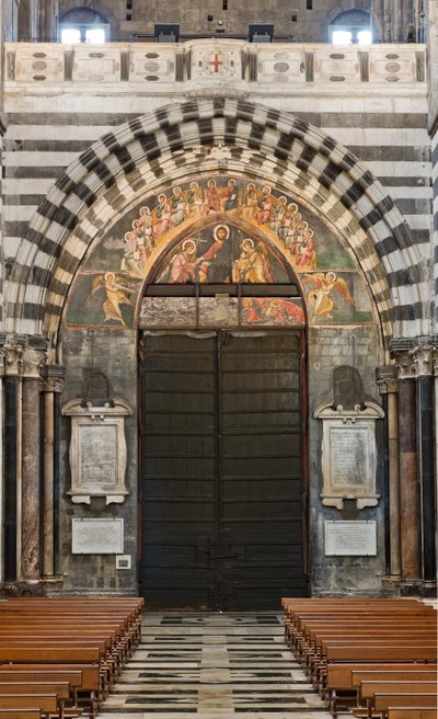 Genua, Duomo (Sint-Laurenskathedraal), binnen, endonarthex: uitzicht op contrafacade en het hoofdportaal door Unbekannter Künstler