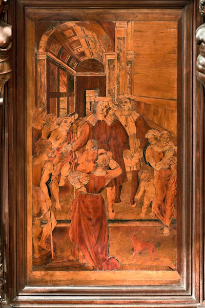 Genua, Duomo (Sint-Laurenskathedraal), binnen, presbyterium, apsis, koor, noordzijde: "De liefdadigheid van Sint-Laurens", houtintarsia door Gian Michele De