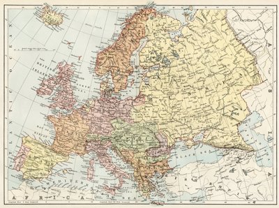 Geografische kaart van Europa in de jaren 1870. 19e-eeuwse kleurenlithografie door Unbekannter Künstler