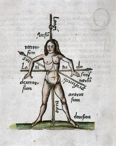 Geografie 16e eeuw: menselijke figuur die de lengtegraden en breedtegraden voorstelt, zijn lichaam wordt doorkruist door lansen gericht volgens de hoeken van de denkbeeldige lijnen door Unbekannt