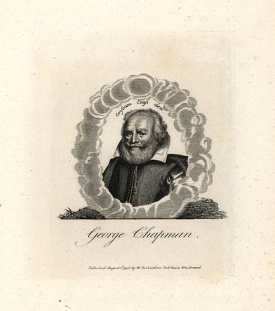 George Chapman, Engels dramaturg, vertaler en dichter, stierf in 1634. Koperen gravure uit William Richard