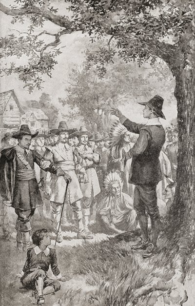 George Fox die in 1671 in Maryland, Amerika, predikt voor een menigte tijdens een vierdaagse bijeenkomst van lokale Quakers. George Fox door Unbekannter Künstler