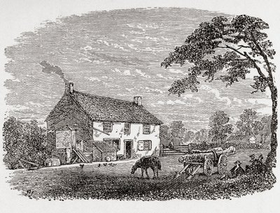 Geboorteplaats van George Stephenson. Een 18e-eeuws stenen huisje, het huis van George Stephenson, Wylam, Northumberland, Engeland, hier gezien in de 19e eeuw. Uit Great Engineers, gepubliceerd ca. 1890 door Unbekannter Künstler
