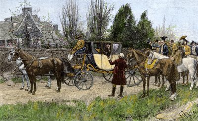 George Washington (1732-1799) begroet door zijn buren toen hij Virginia verliet om zijn taken als president van de Verenigde Staten op zich te nemen in 1789. Kleurengraving uit de 19e eeuw. door Unbekannter Künstler