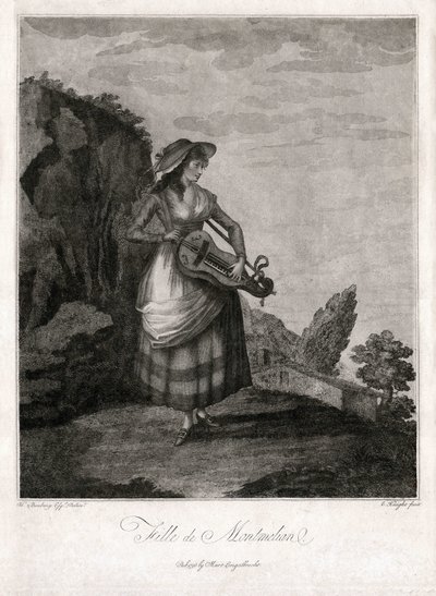 Meisje uit Montmelian, in Gironde, die het oude wiel speelt (gravure) door Unbekannter Künstler