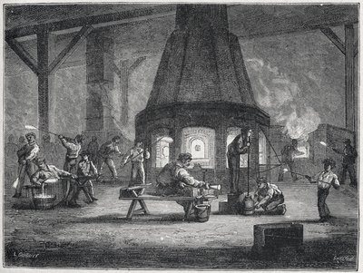 Glasblazen in de tweede helft van de 19e eeuw: kinderen aan het werk, ca. 1880 (gravure) door Unbekannter Künstler
