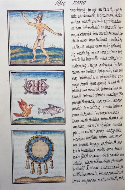 Goudsmid, pagina uit de Florentijnse Codex, tweetalige versie in Spaans en Nahuatl, Algemene Geschiedenis van de Dingen van Nieuw-Spanje door William M. Timlin