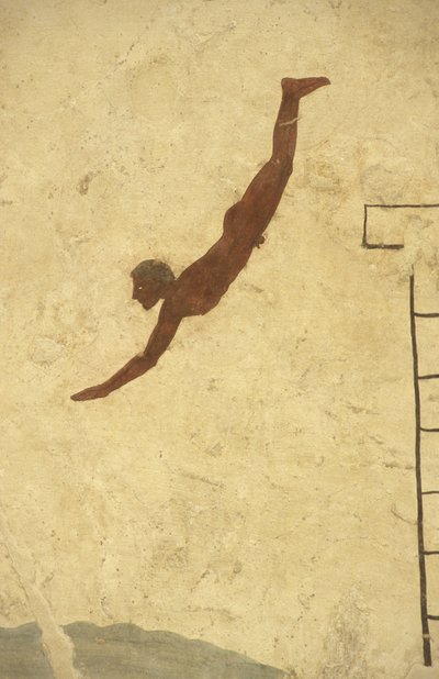 Griekse kunst: Fresco van het Graf van de Duiker, Paestum, Regio Campanië, Italië. Tomba del Tuffatore, muurschildering, Paestum archeologisch park, Campanië, Italië door William M. Timlin
